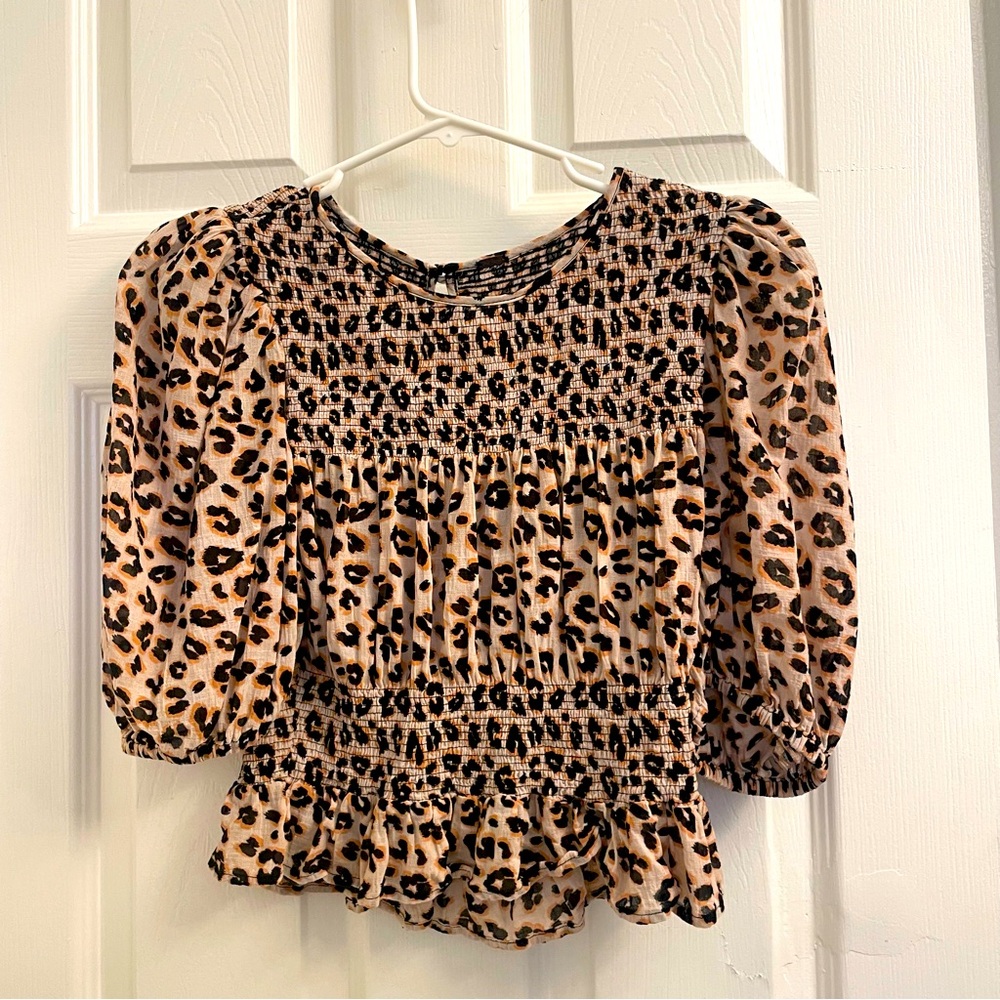 Leopard Print Smocked Women's Top - Beige/Black